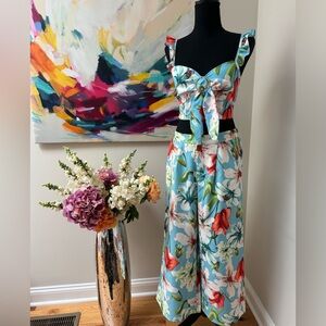 2 piece colorful cropped pant set with midriff top.